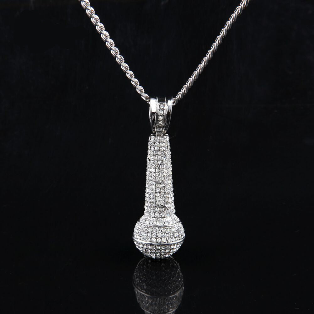 Hip-hop diamond-encrusted microphone necklaces.